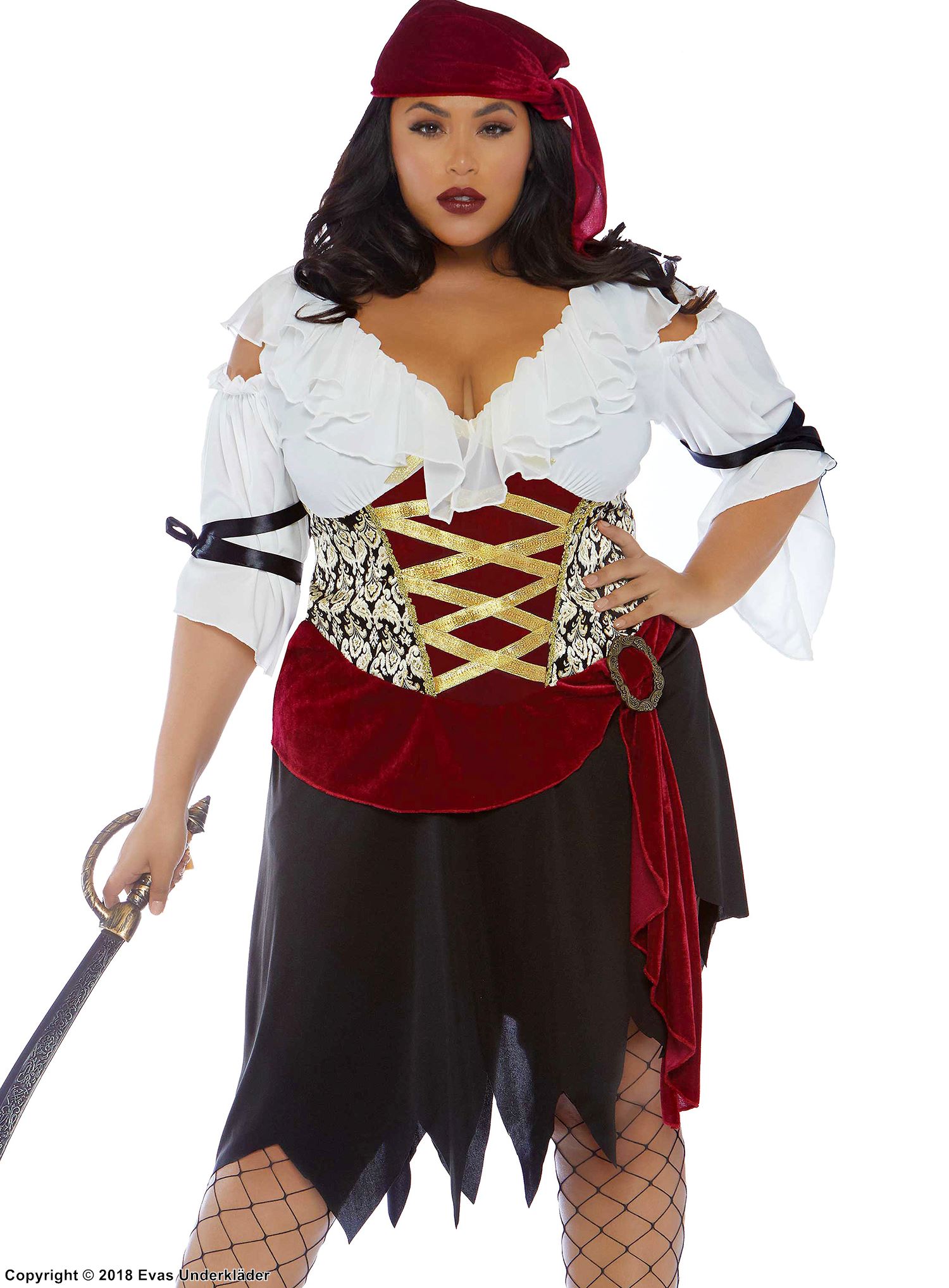 Weiblicher Pirat, Kostüm-Kleid, Rüschenbesatz, Schärpe, Lumpen, XL bis 4XL